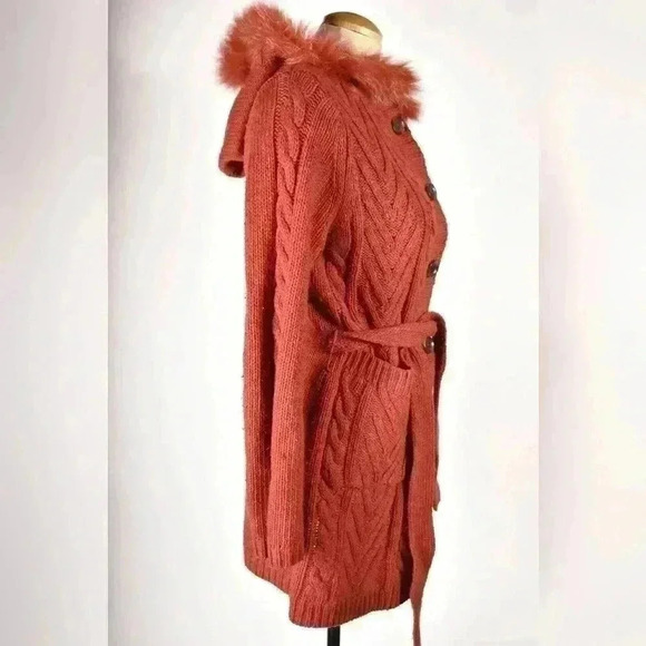 THEORY Orange Wool Cableknit 3/4 Length Fir  Trim Belted Cardigan Sweater Medium - Picture 4 of 9